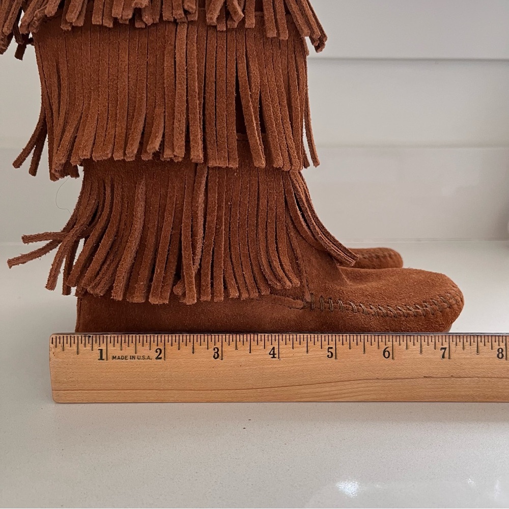 Minnetonka Triple Fringe Moccasins Suede Boots Girls Size 12 - Picture 8 of 9